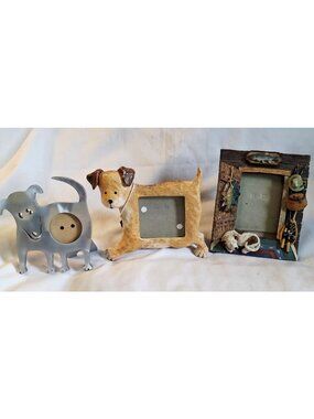 Set Of 3 Dog & Fishing-Themed Picture Frames In Metal & Resin With Rustic & Play